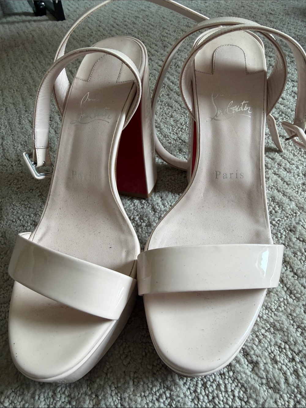 Christian Louboutin Pale Blush Patent Leather Block Heel Sandals